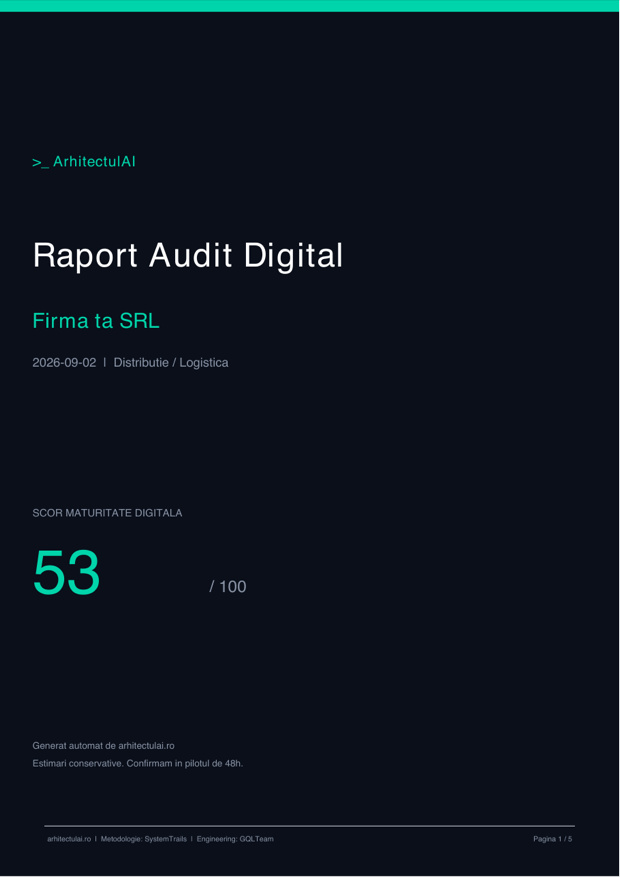 Prima pagină a raportului PDF de audit: scorul de maturitate digitală al firmei